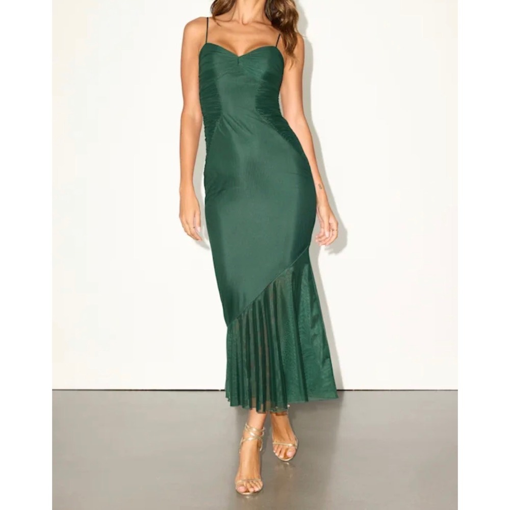 Lulus Giorgina Emerald Green Mesh Ruched Mermaid Trumpet Midi Dress Size S
